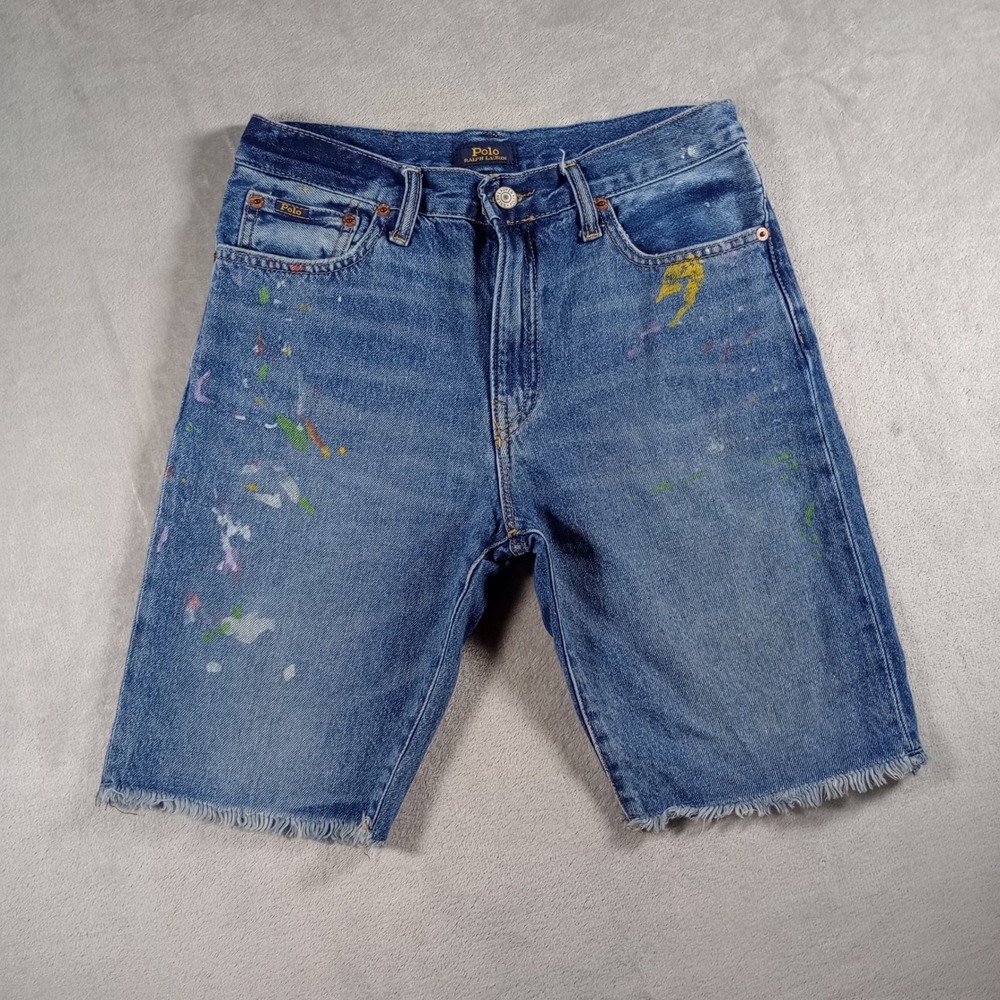 Polo Ralph Lauren Jean Shorts Boys XL 18 Blue Sullivan Slim Paint Splatter Raw